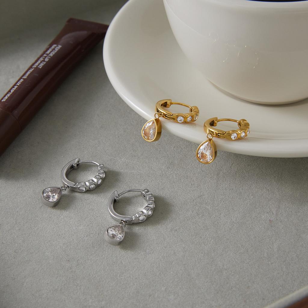 Stainless Steel CZ Huggie Hoop Earrings 18K Gold Plated Teardrop CZ Drop Statement Earrings for Women Fashion Jewelry