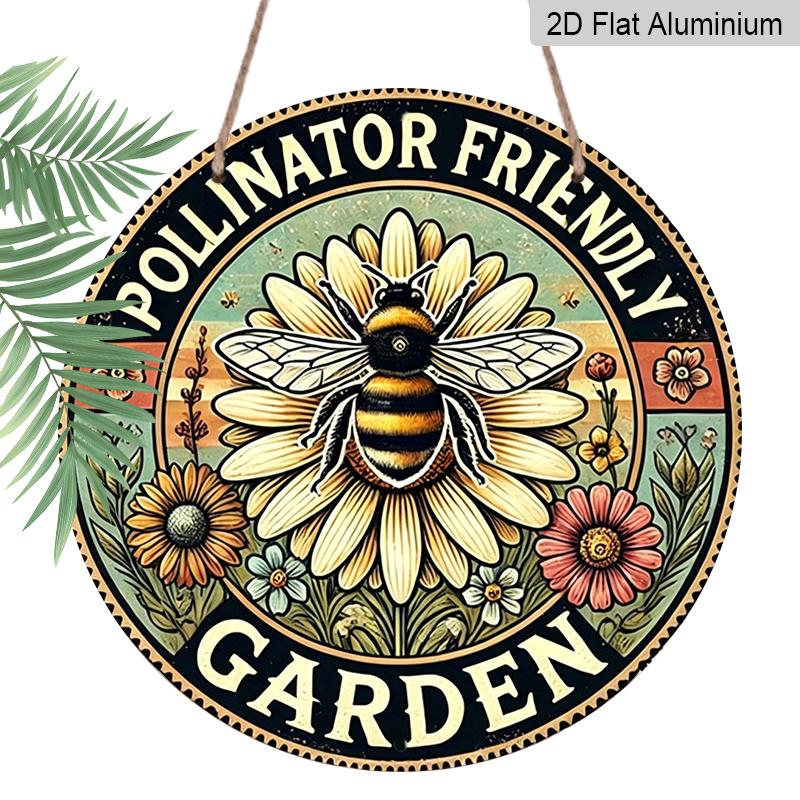 

2D Flat, 1pc Vintage Bee & Floral Metal Wall Art Sign - Rustic Pollinator Garden Round Aluminum Plaque, Perfect for Garden, Yard, Patio, Porch 7.87x7.87inch