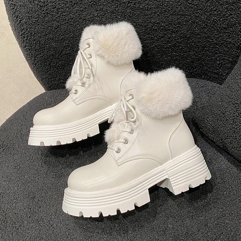Fashion Winter Fluffy Fur Women Snow Boots Fashion Lace Up Short Booties Comfort Thick Heels Ladies Shoes