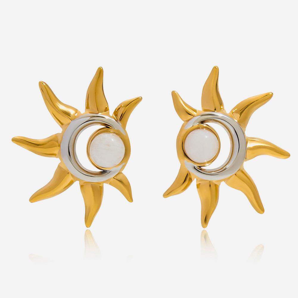 Youthway Gold And Color-Blocking Design Moonstone Sun Stud Earrings Stainless Steel Women’S Everyday Jewelry Gift