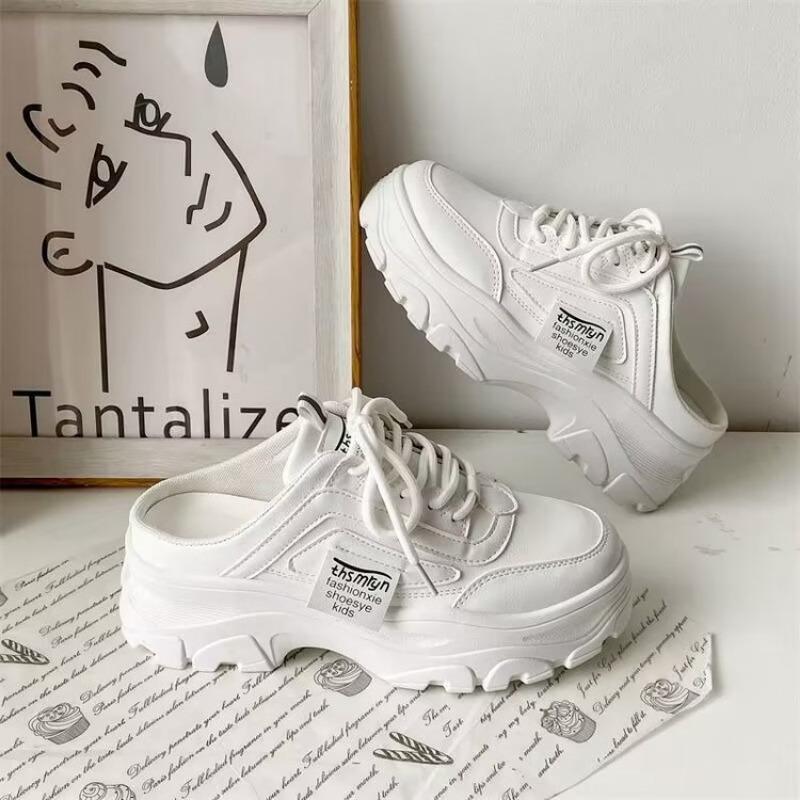 Fashion Women's Half Slippers PU Leather Breathable Womens Sneakers Platform Loafers Lace-up Shoes Outdoor Casual Shoes