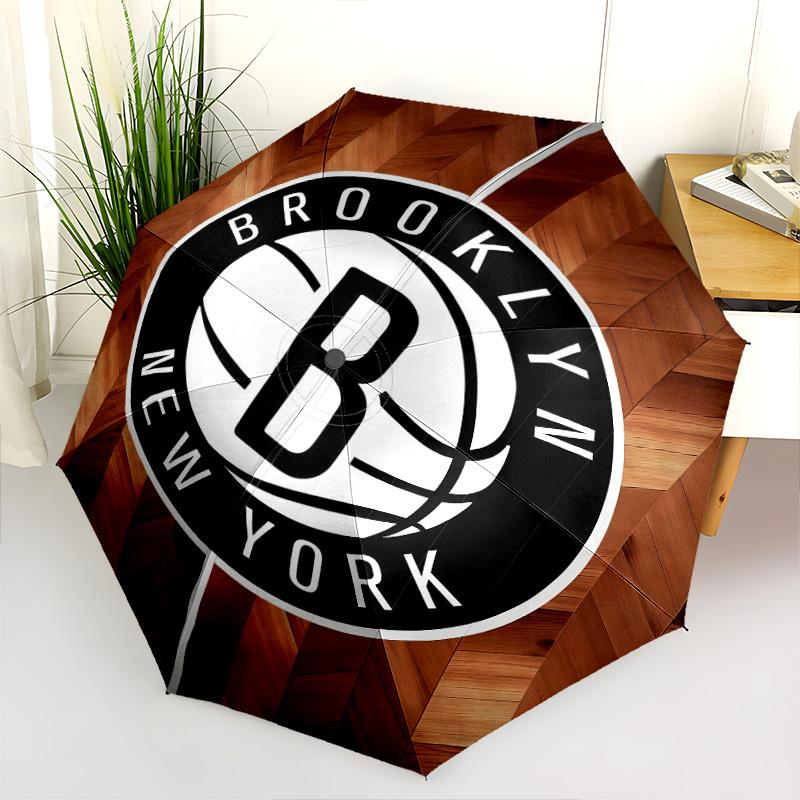 Brooklyn Nets Logo Print Folding Umbrella Durable Suitable For All Seasons Three Folds Printing Travel