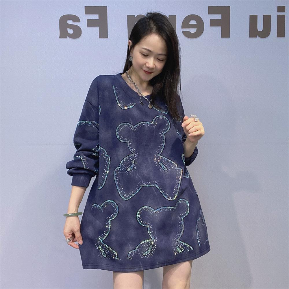 

Повседневное худи с круглым вырезом, средней длины, с бриллиантами, с длинными рукавами для женщин. Свободный топ большого размера для осени и зимы. One size синий