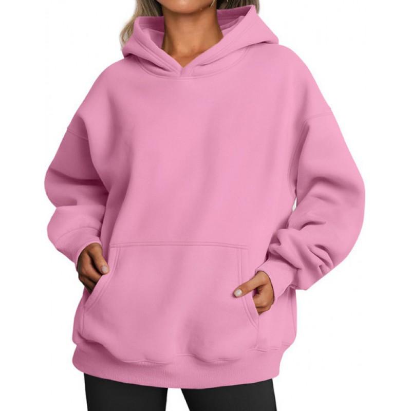 Womens Winter Solid Color Loose Hooded Long Sleeve Sweatshirt Casual Oversized Pullover Top