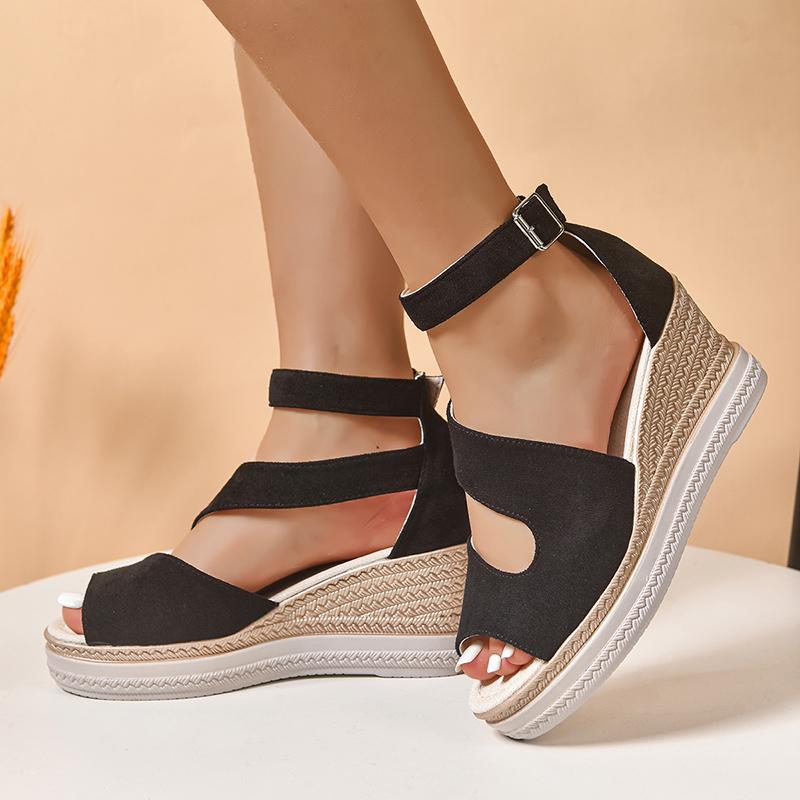 Peep Toe Platform Wedge Sandals for Women Black Ankle Strap Hollow Out Gladiator Sandals Woman Summer Thick Bottom Beach Shoes