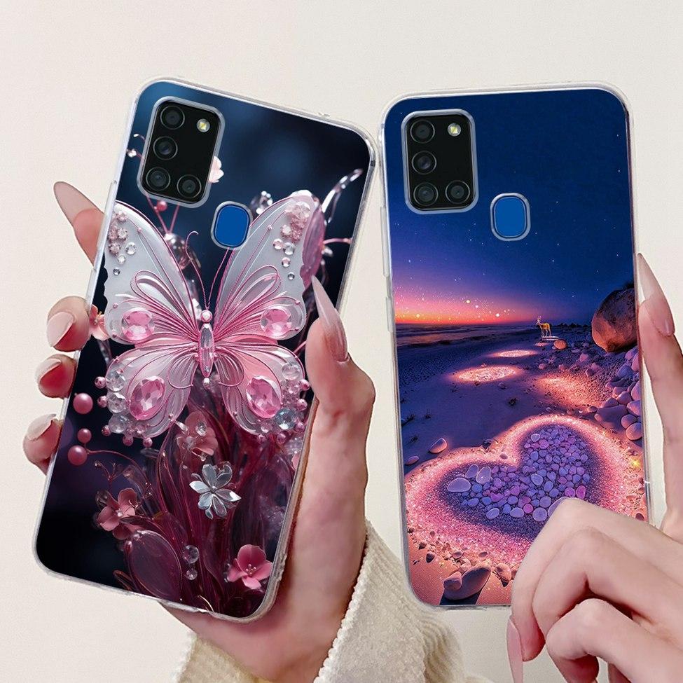 Clear For Samsung A21s SM-A217F SM-A217M Cover For Samsung Galaxy A21s Case Cute Luxury Butterfly Love Flowers Cool Painted