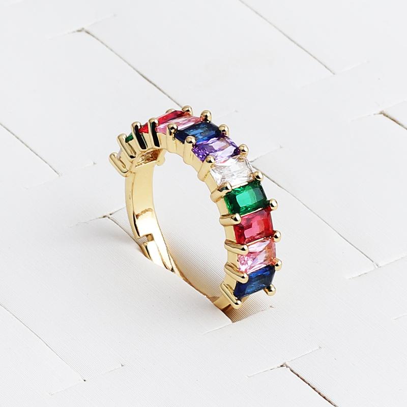 Square Design 18K Gold Plated Baguette Rings For Women Men Party Gift Charm Multicolor CZ Finger Rainbow Zircon HIp Hop Jewelry