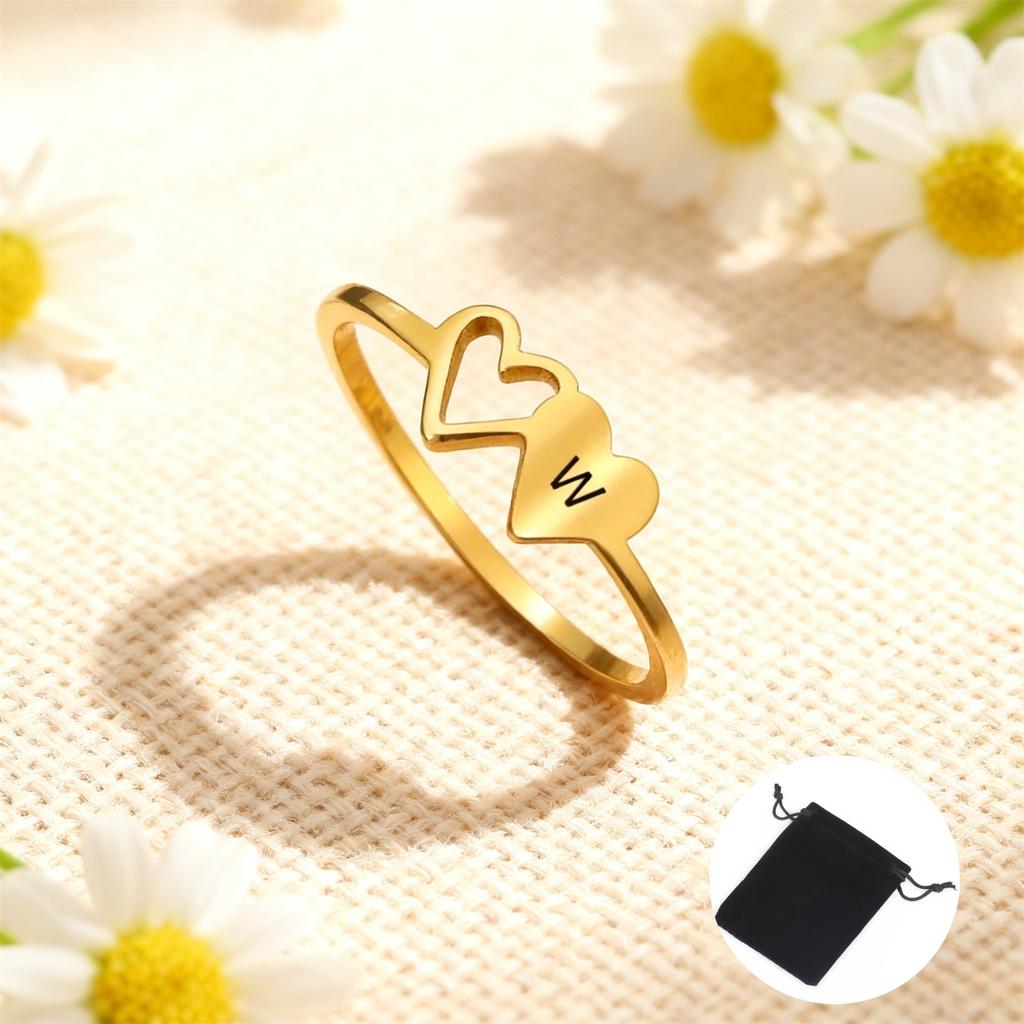 Customized Name Initial Double Heart Ring Stainless Steel A-Z Letter Couple Ring Simple Fashion Constellation Ring Couple Gift