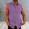 Men Summer Top Sleeveless Solid Color Single-breasted Patch Pockets Mid Length Match Pants Cardigan Lapel Men Summer Vest Men Clothes