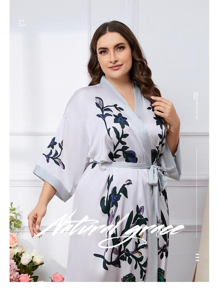 Übergröße Satin Sommer Pyjama & Bademantel Set für Damen - Leichter Luxus Eisseide