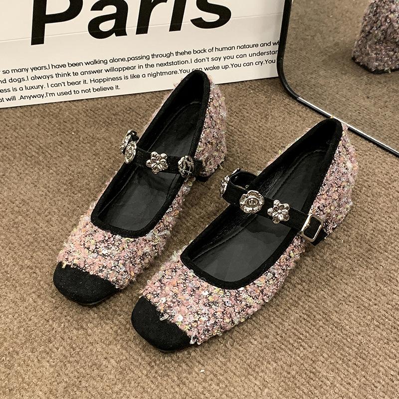 

Туфли-лодочки с неглубоким вырезом, с пайетками для весны и лета, новая юбка, толстый каблук, Мэри Джейн, женские 40 розовый