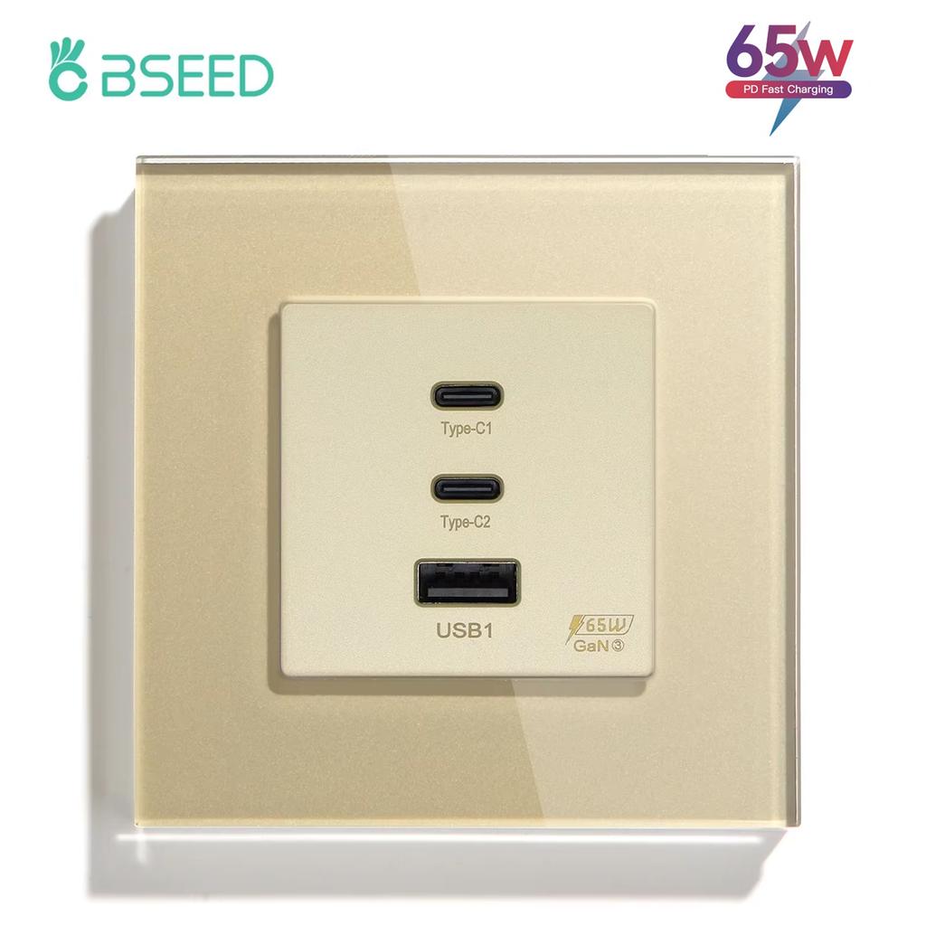BSEED Power Sockets Electric Outlets Plus Dual Type-c USB Fast Charging Ports 65W 3A Glass Frame EU Standard Wall Embedded