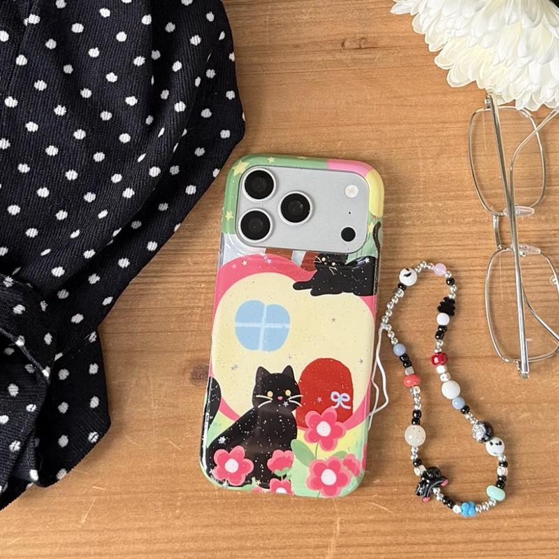 Black Cat Cartoon Chain Phone Case for iPhone 17, 16 Pro Max, 15, 14