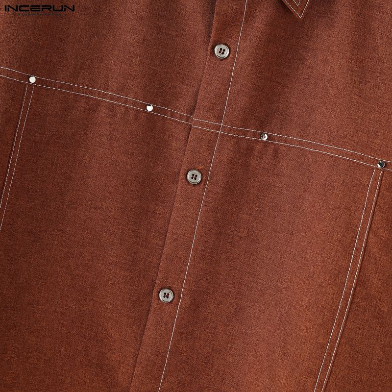 INCERUN Men Turn-down Collar Long Sleeve Stitching Casual Oversized Shirts Tops