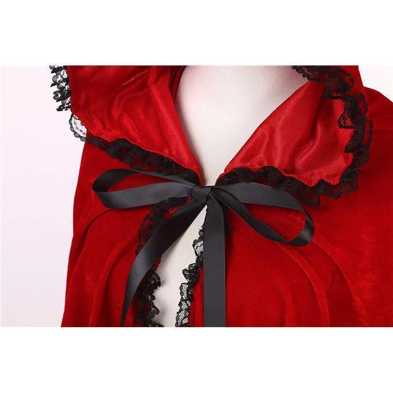 Anime-Inspired Little Red Riding Hood Costume with Hooded Cloak and Lace Trim
