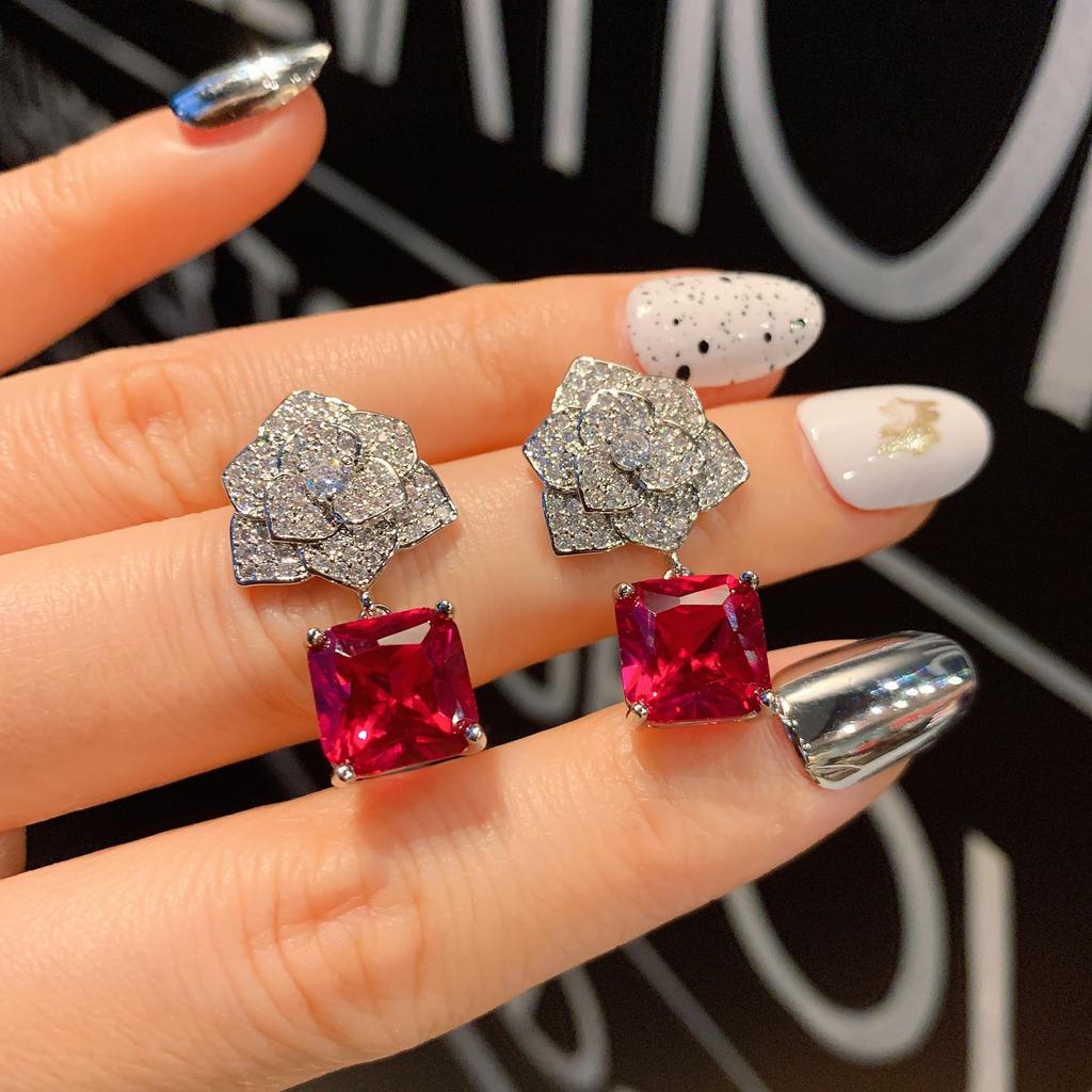 Jewelry Simulation Red Glass Necklace Stud Earrings Set Flower-Shaped Creative Full Diamond Luxury Set 10 * 10