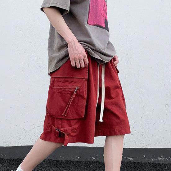 Men Cargo Shorts Elastic Waist Adjustable Drawstring Sport Shorts with Multi Pockets Wide Leg Casual Shorts