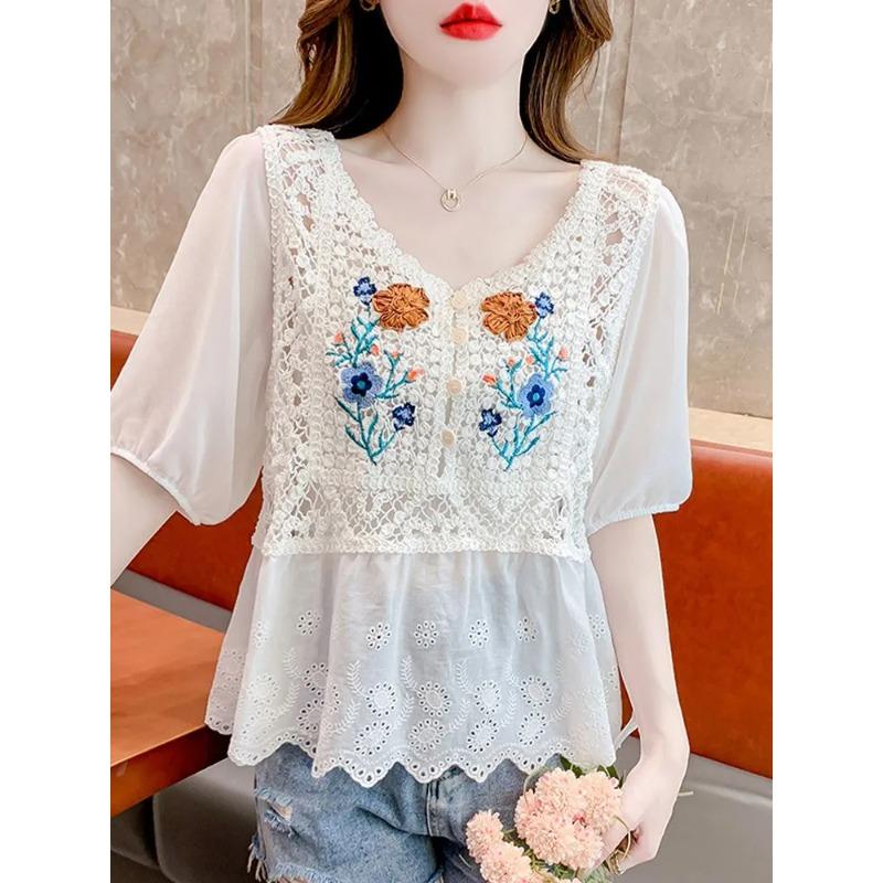 Women Floral Embroidery Crochet Blouse V Neck Puff Sleeve Button Down Casual Top