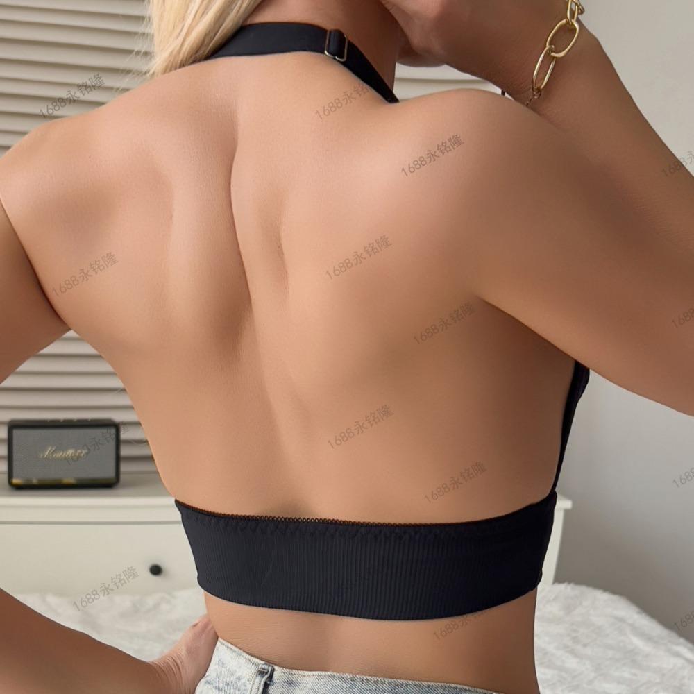 Wireless Front Closure Lace Bra, Soft Comfortable Deep V Halter Backless Beauty Underwear for Women