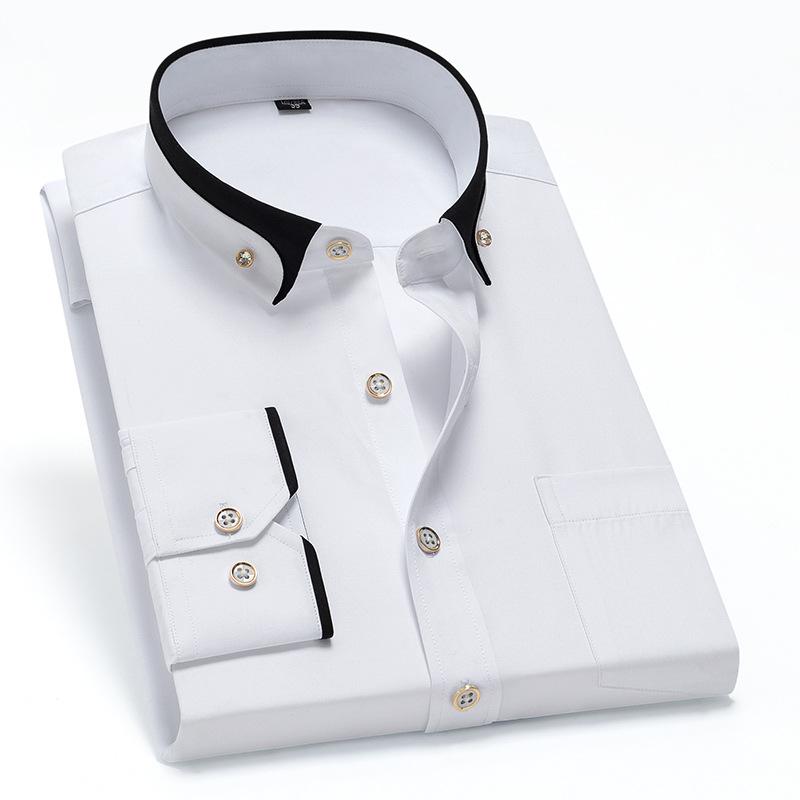 Men's Color-Block Collar Long Sleeve Dress Shirt with Crystal Buttons, Lapel Collar, Fashionable Business Casual Cardigan, Wrinkle-Free Stretch Shirt