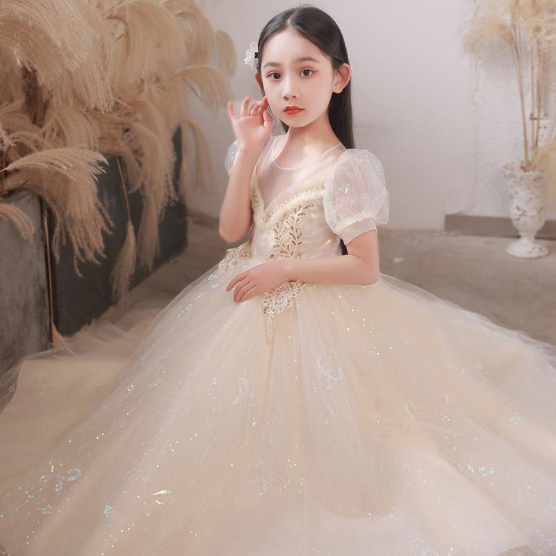 Girls' Fluffy Mesh Princess Skirt - Children's Long Wedding and Piano Performance Dress