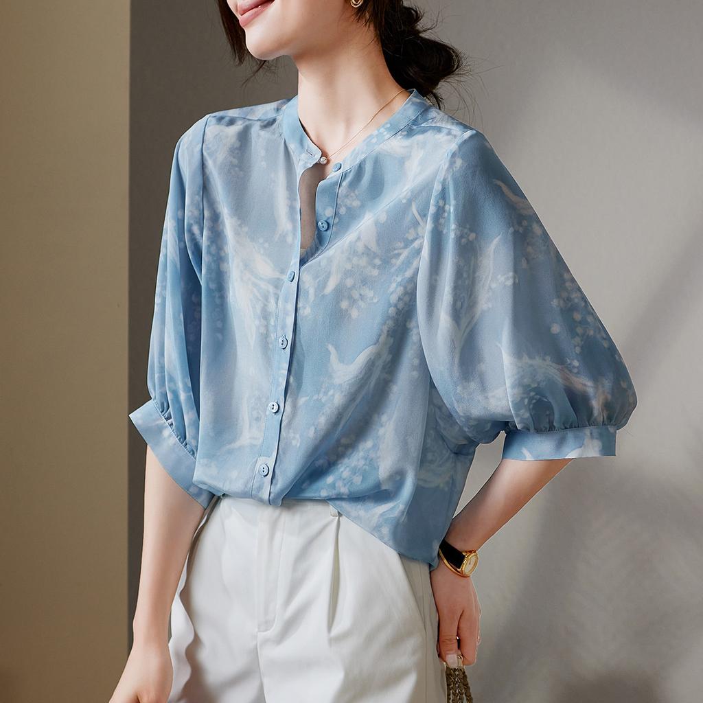 100% mulberry silk printed round neck shirt for women in 2026 summer, loose and casual, versatile silk top