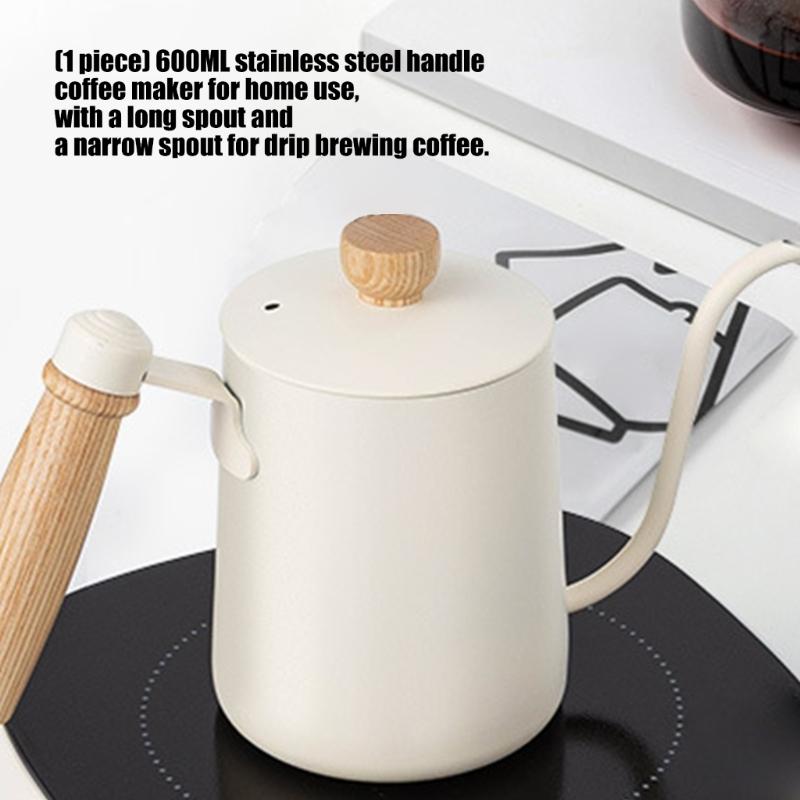 Bouilloire à Café en Acier Inoxydable 304 avec Bec Long Col de Cygne Capacité 600ML Théière avec Poignée en Bois Pour Contrôle Manuel des Gouttes