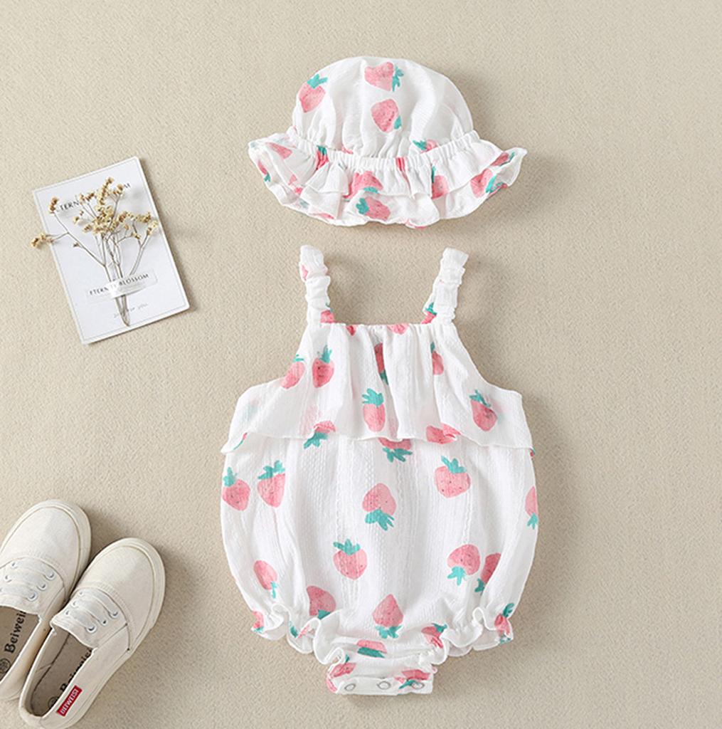 Buy Infant Baby Girls Straps Strawberry Print Romper Sunsuit Hat