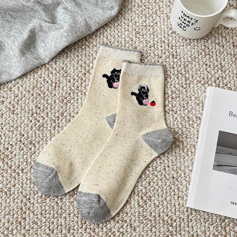 Female Autumn and Winter Cute Cartoon Cat Boneless Drum Pile Cotton Socks