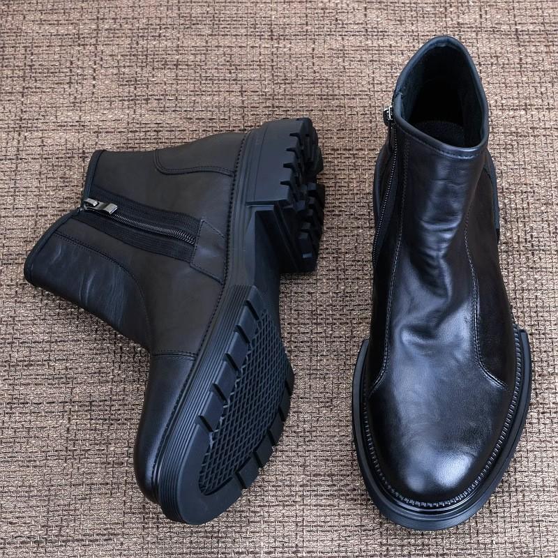 Leather Martin boots men's shoes autumn and winter velvet all-cowhide leather boots fashion casual side zipper leather shoes