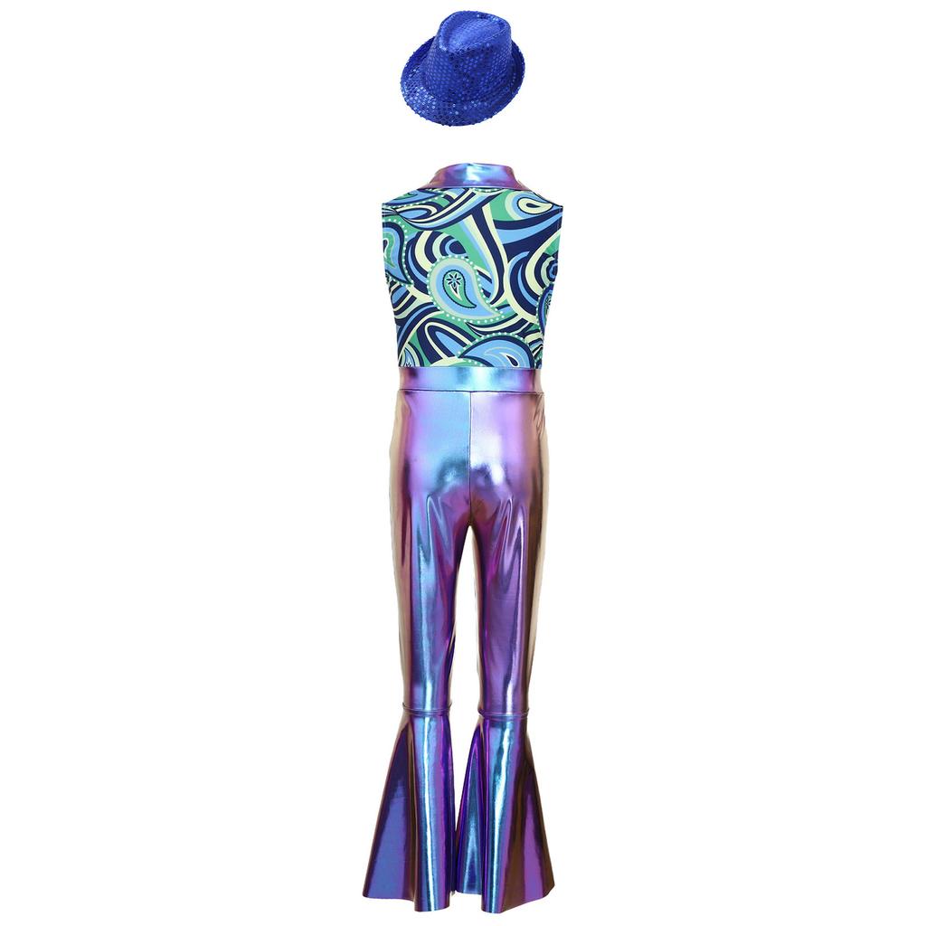 Boys Disco Metallic Glossy Sleeveless Print Patchwork Long Flare Pants Jumpsuit Sequins Fedora Hat