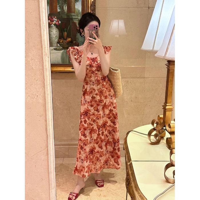 

Retro French dating foreign floral dress women s summer waist and thin big round neck ruffle edge skirt 2XL червоний