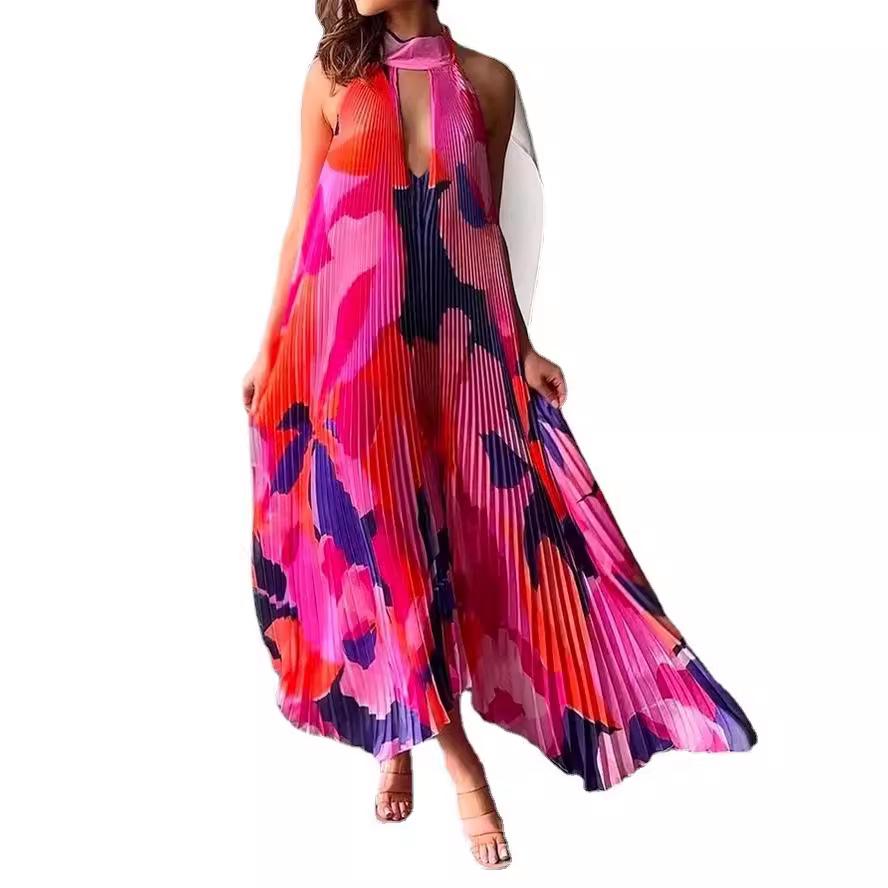 Sommer Neckholder Tiefes V Rückenfrei Ärmellos Floral Plissiertes Schwingkleid