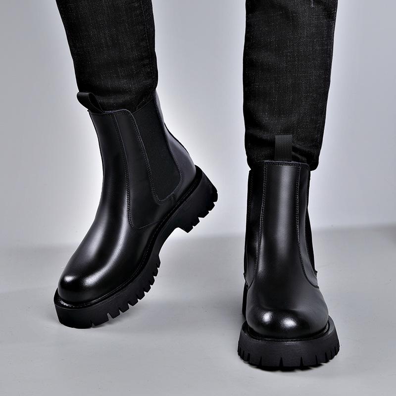 Trendy Men's Elastic Sock-Fit Chunky Sole Boots, Round Toe High-Top Martin Style, Inspired by Xiaohongshu Live Broadcast.