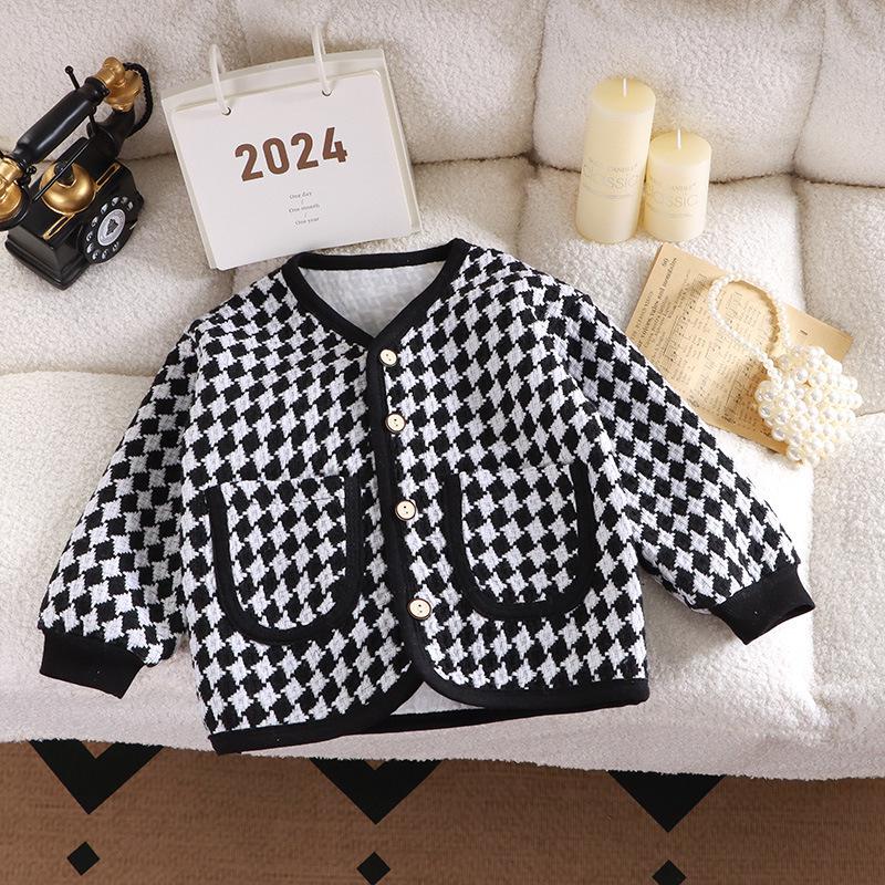 Children's Houndstooth Coat: Stylish Fragrant-Style Cardigan for Girls - Perfect for Autumn and Spring