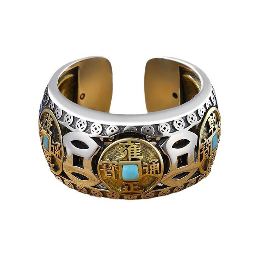 Rotating Five Emperor Coins Ring Adjustable Spinning Design For Anxiety Relief Stress Reliever Jewelry