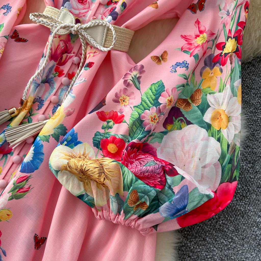 Spring Autumn Women Plus Size Print Single Breasted Long Maxi Seaside Holiday Beach Dresses with Belt