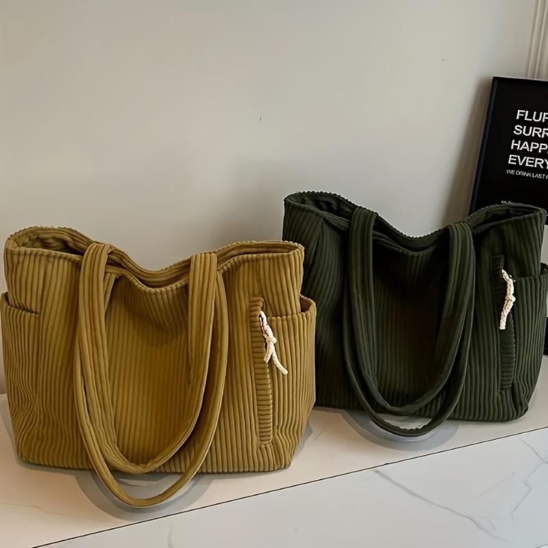 Women Corduroy Tote Bag, Versatile Striped Shoulder Handbag, Large Capacity, Durable, Latest Style, Multi-Pocket, Casual Everyday Use, Zipper Closure