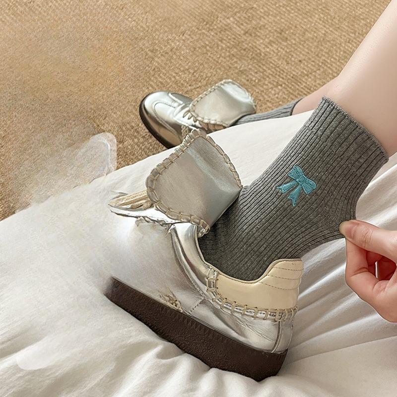 Bow Socks for Women, Autumn Style Cotton Socks, Retro Mid-calf Socks, Solid Color Women's Socks, Mid-calf Pile Socks