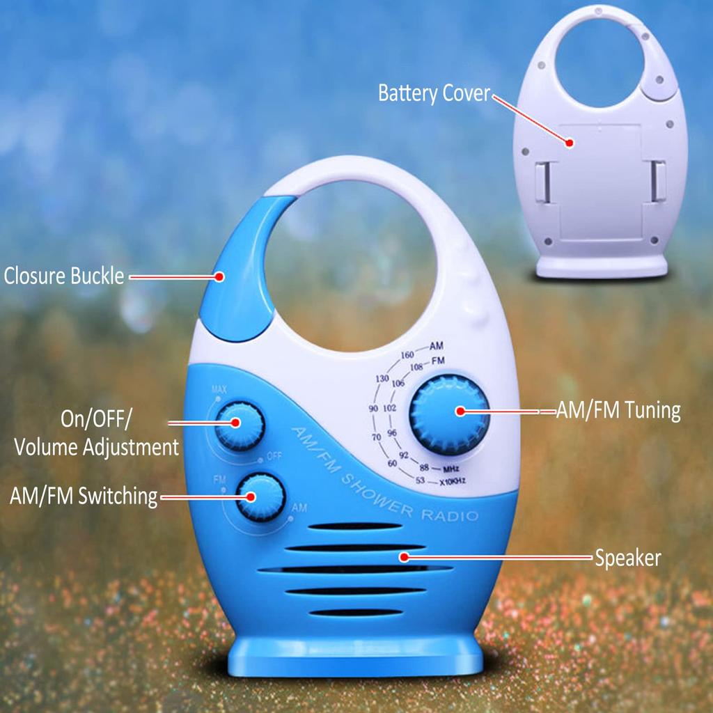 Portable Waterproof AM/FM Radio with Shower Speaker, Compact Design, Built-in Speaker, Battery-powered