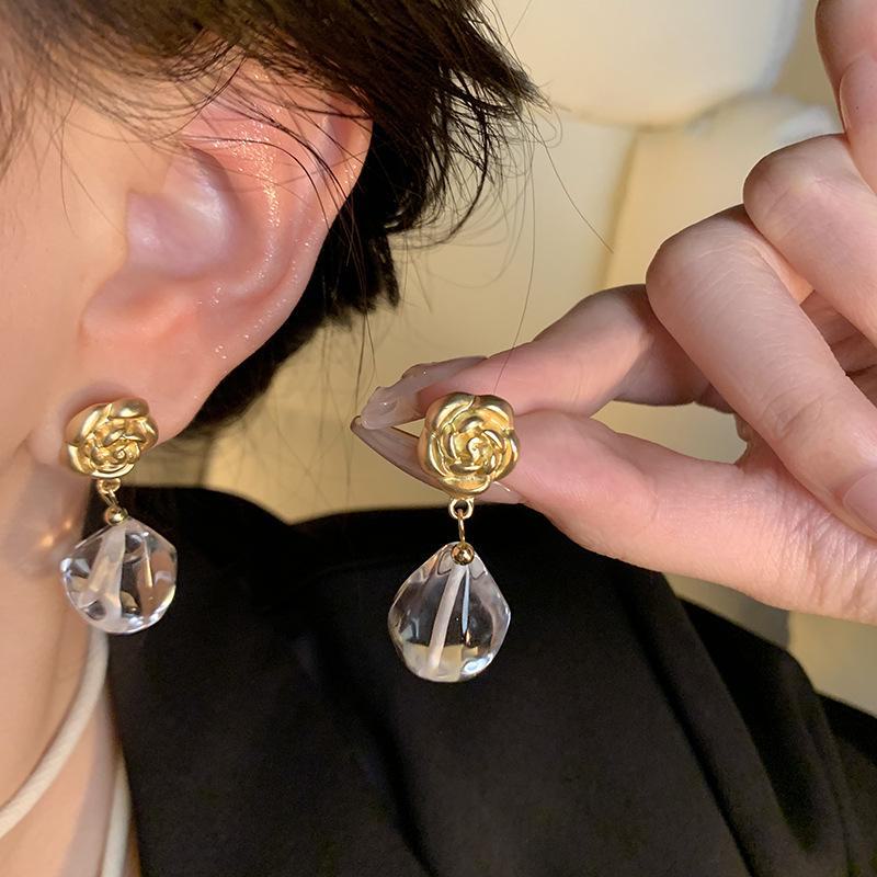 Korean Rose Teardrop Earrings: Green Crystal In French Retro Style for Women