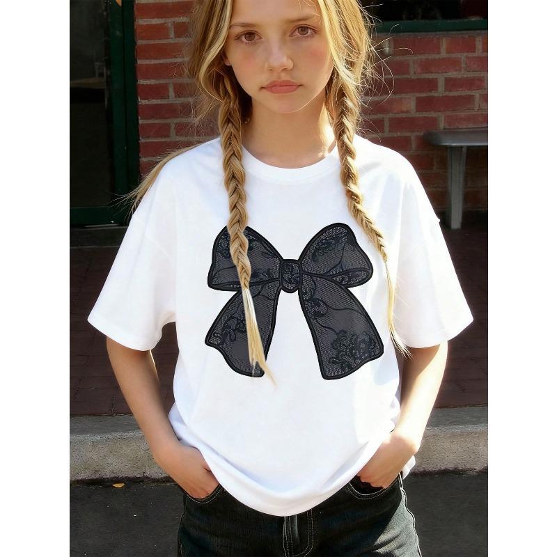 

European sizes Girls Round Neck Short Sleeve T-Shirt - Colorful Bow Print T-Shirt, Suitable for Children 98cm белый