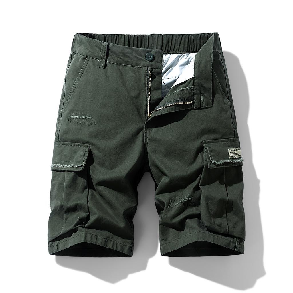Mens Vintage Cotton Cargo Shorts Half Elastic Waist Multi Pockets Outdoor Trousers Men Knee-Length Casual Work Shorts