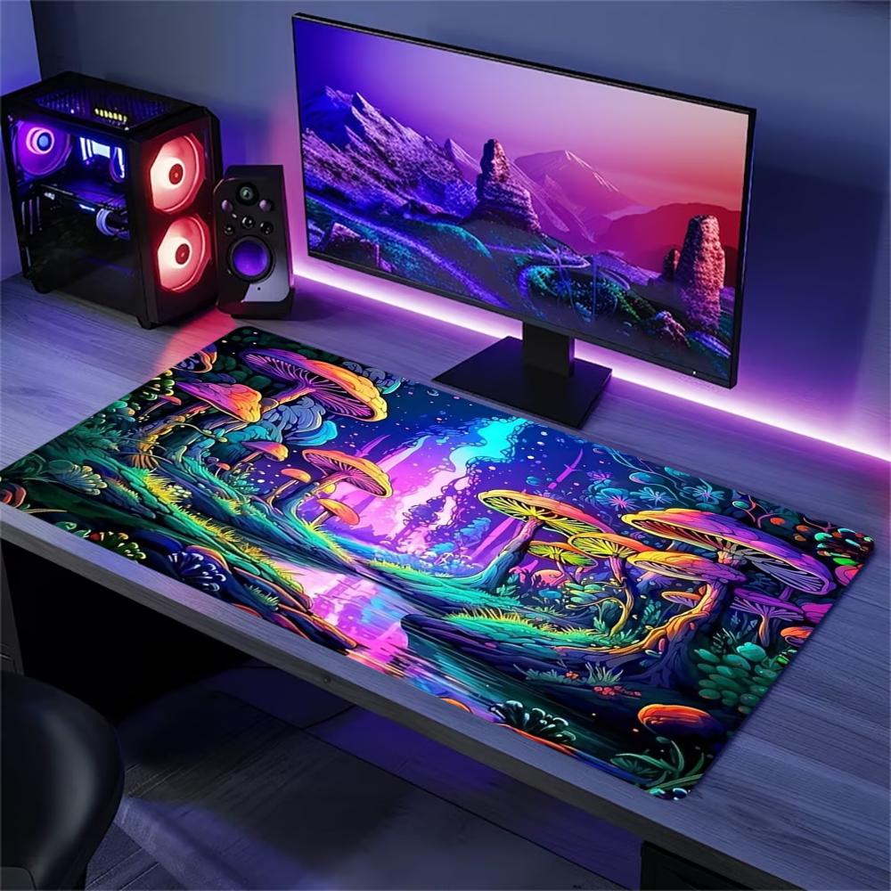 Neon Mushroom Large Desk Mat Non Slip Gaming Mouse Pad Stitched Edge Trippy Forest Keyboard Mat For Pc Laptop Office Stationery
