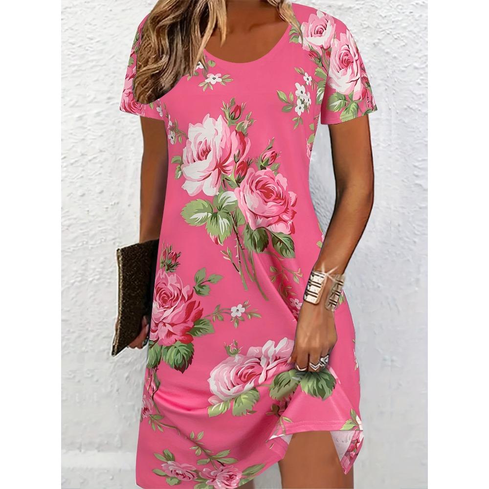 

Vibrant Pink Roses & White Lilies 3D Printed Women s Dress Breathable Women S Floral O-Neck Short Sleeve Dress Woman Clothing S