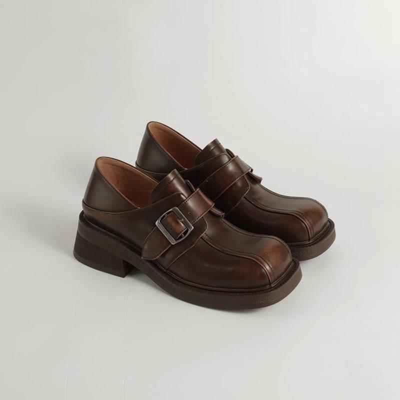 

Модная женская новая кожаная коровья кожа круглый носок средний каблук металлическая пряжка ремня стиль колледжа одинарная обувь толстая подошва ретро повседневная обувь 220 коричневый