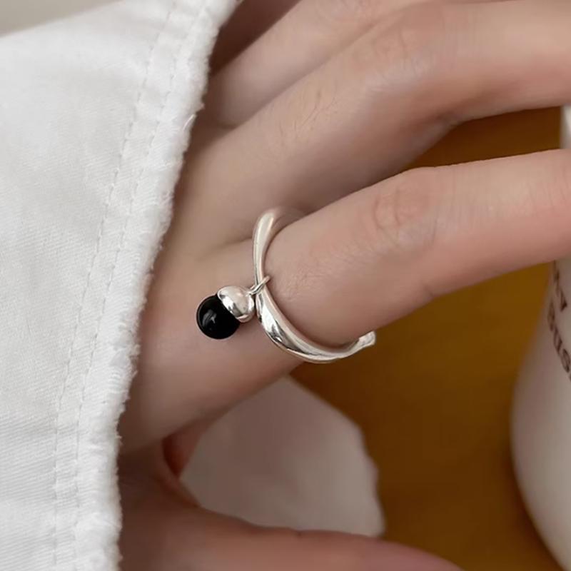 Foxanry Minimalist Copper Color Rings Party Jewelry For Women Korean Cute Creative Design Black Pendant Birthday Accessories