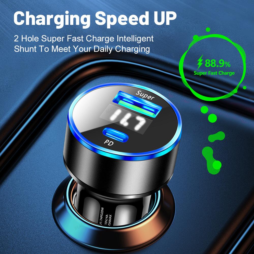 20W PD Car Charger Fast Charging Car Phone Charger Adapter LED Display for IPhone 16 15 14 Xiaomi Samsung USB Type C Charger In Car