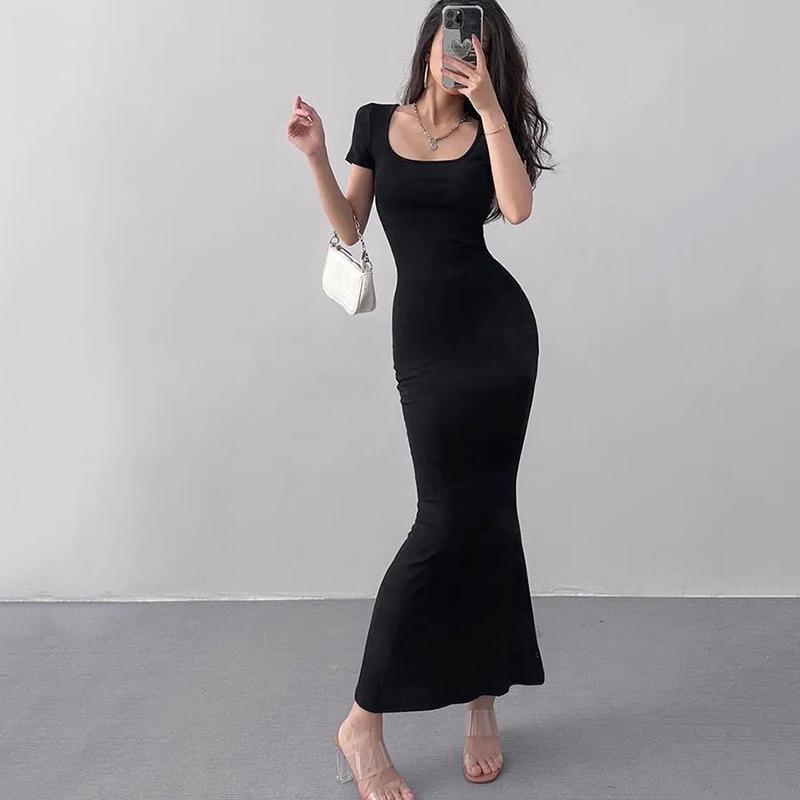 2025 Summer Solid Color Slim Long Dress Women Short Sleeve Skinny Bodycon Maxi Dresses Woman Square Collar Party Vestidos Mujer