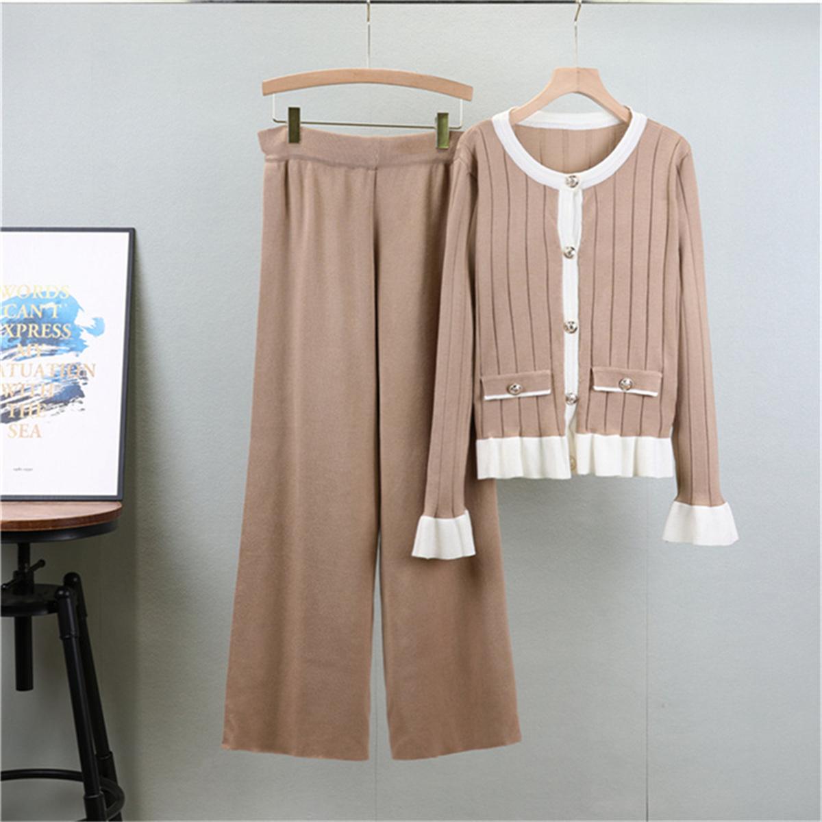 

Autumn And Winter Trumpet Long Sleeved Knitted Cardigan Set Women s Fashion Wide Leg Pants Temperament TwoPiece Set OneSize хакі